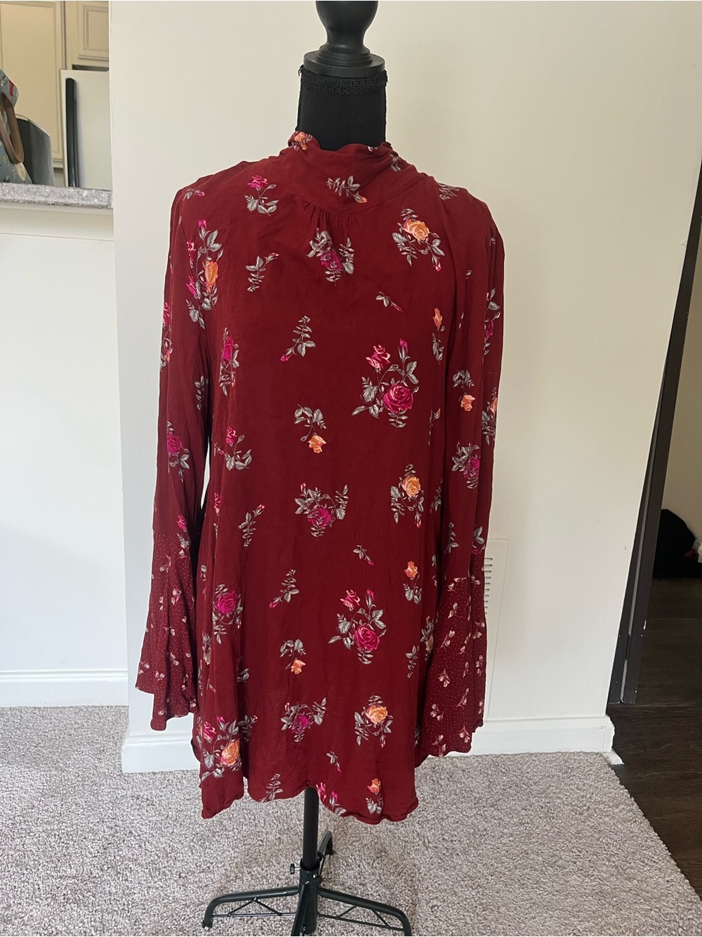 Free People Burgundy Floral High-Neck Tunic with Rose Print